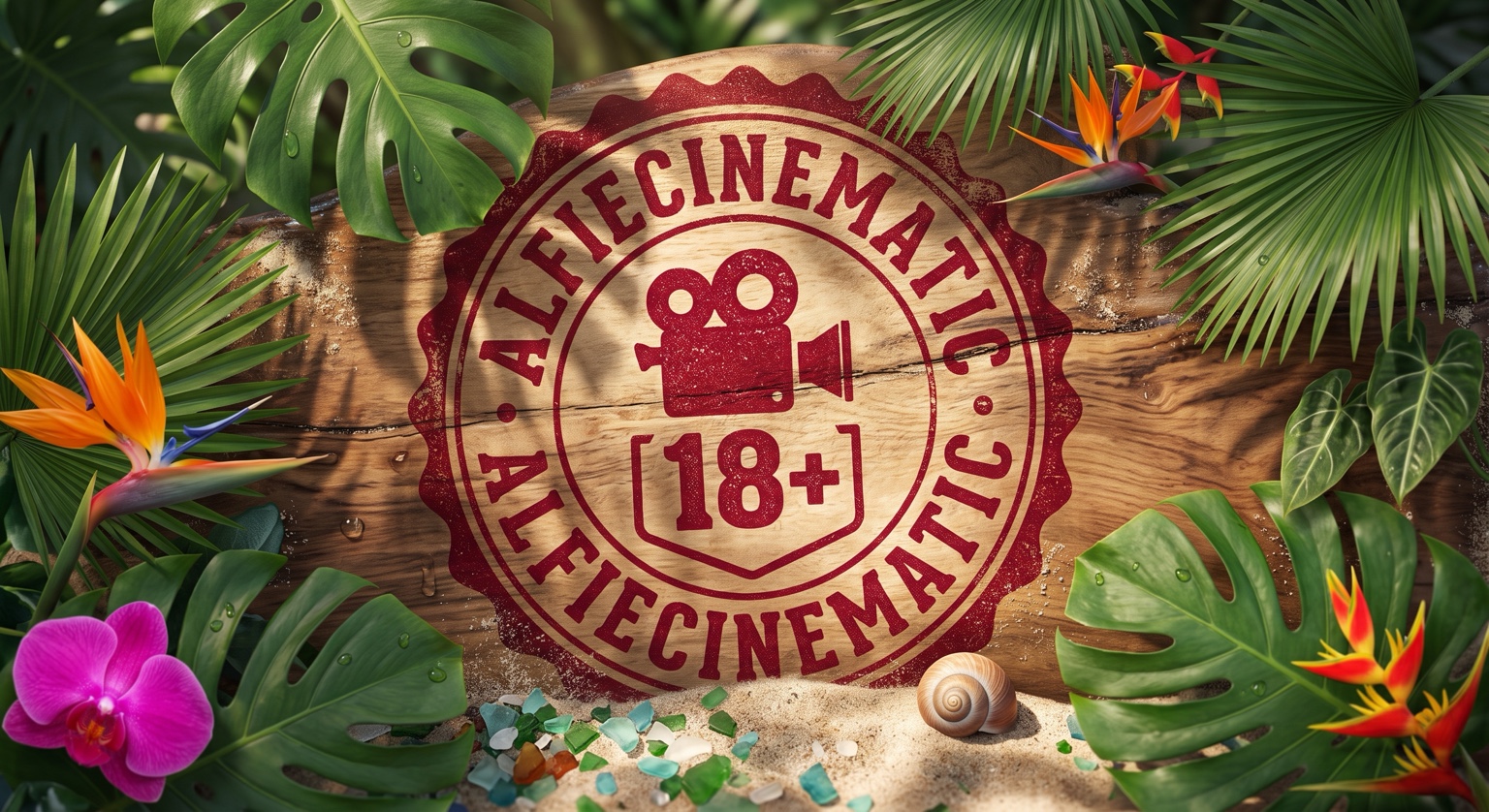 Alfie Cinematic 18+ film-camera emblem on a wooden sign, surrounded by tropical leaves, flowers, and sand.